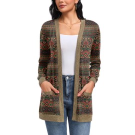 GRECERELLE Cardigan for Women Lightweight Open Front Knit Sweater Long Sleeve Casual Loose with Pockets Round Flower Green-M