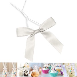 GUIFIER 50 PCS 3 Inches Satin Bow Twist Ties, Ribbon Twist Tie Bows for Treat Bags, Pretied Bows, Twist Tied Bows with Wire for Bags, Pre Tied Ribbon Bows for Baby Shower, Favors, Popcorn(Silver)