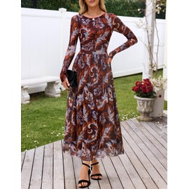 MEROKEETY Women's Long Sleeve Fall Wedding Guest Dress 2025 Crewneck Floral Flowy Mesh Cocktail Maxi Dresses, Brown, Large