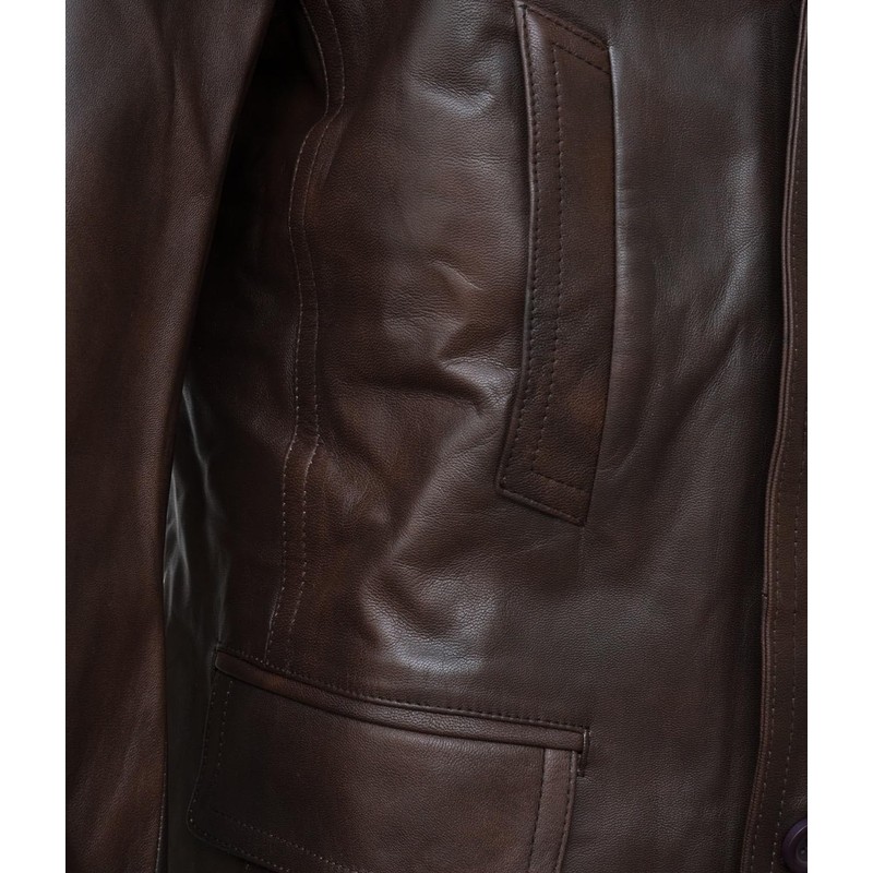 HIGOBO Men's Brown Leather Pea Coat Double Breasted Men Peacoat