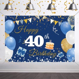 Happy 40th Birthday Backdrop Party Decoration Banner for Men/Women Happy 40 Years Old Fabric Sign Poster, Blue Photography Background 40th Birthday Party Table Decoration, 150 cm x 90 cm