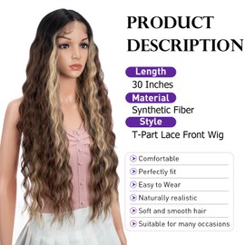 Joedir 30" Long Wavy Lace Front with 1.5"x4.5" Deep Part Lace Wig Heat Resistant Synthetic Wigs For Women 130% Density(Ombre Brown Highlights Color)