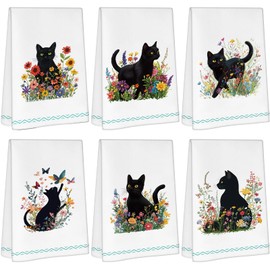 Peryiter 6 Pcs Black Cat Kitchen Dish Towel Funny Decorative Hand Towels Absorbent Black Cat Dish Towels Dishcloth with Hanging Loop Hand Towel for Women Home Decor, 16×24 Inch