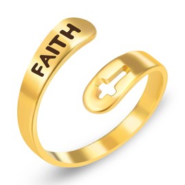 Tobestu Stainless Steel Faith Open Ring - Gold Plated Hollow Cross Inspirational Rings for Women Men YA3984