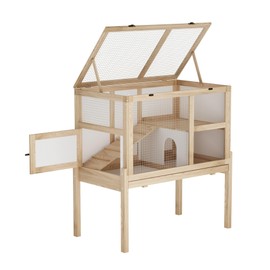 DAWNSPACES Large Guinea Pig Cage for 2, Small Animals Rabbit Cages, 2 Stories Indoor Wooden Guinea Pig House Habitat Playpen with Ramp, Hideout, Platform, Pull Out Tray, Burlywood & White