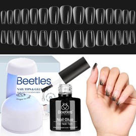 Beetles Gel Nail Tips 510Pcs 15 Sizes Short Coffin Acrylic Nail Kit Clear Nail Tips 5 in 1 Nail Glue Base Gel and Uv Led Lamp Easy DIY Press on Nails Extension Set for Women