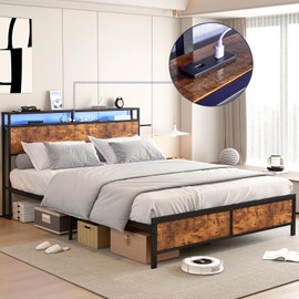 QSOSTNS Bed Frame with Ergonomic Headboard, 14 inch Fast Assembly Metal Bed with LED Lights, Outlets & USB, Bed Frame Full Size with Storage, Noise Free, No Box Spring Needed (Queen)