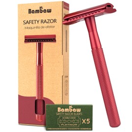 Bambaw Bambaw Single Blade Double Edged Safety Razor with 5 Safety Razor Blades, Metal Razor for Men & Women, Single Blade Eco Razor C Red