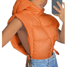 Bnigung Women's Cropped Puffer Vest Tie Sleeveless Zip Up Hoodies Coats Filled Fluffy Bread Waistcoats Outerwear(Orange,M)