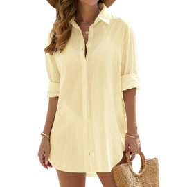 Jyanl Swimsuit Coverup Womens Bathing Suit Cover Ups Beach Shirt Casual V Neck Button Down Shirt Bikini Swimwear Coverup Light Yellow
