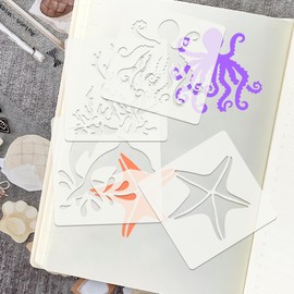 16PCS Reusable Stencils for Painting DIY Crafts, Sea Patterns Templates with Animal Designs, Cutouts for Painting, Sea Ocean Stencil for Wall Drawings and Art Projects, Stencils for Crafts Reusable
