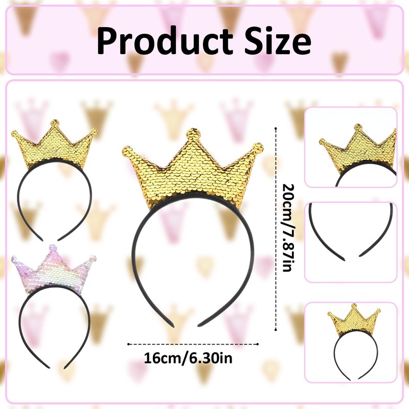 2 Pcs Sequin Crown Headband Birthday Crown Adult Woman Gold