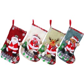 Large Christmas Stockings-4 Pack,Themed with Santa Claus,Snowman,Bear and Reindeer 12.2″× 7.5″ Xmas Candy Gift Pouches