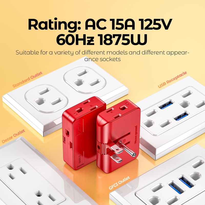 Red 3-Prong Outlet Splitter & Plug Extender - Converts 2