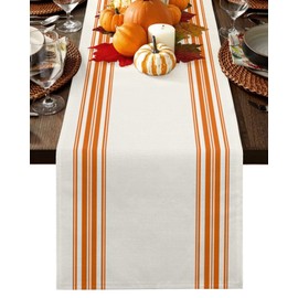 Cotton Linen Table Runner 13x72 inches Long, Thanksgiving Stripes Orange, Burlap Table Cloth Dresser Scarves for Farmhouse Dining Room Coffee Holiday Party Wedding Events Machine Washable Farmhouse