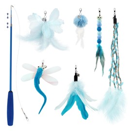 SONGWAY Cat Wand Toys for Indoor Cats - Cat Feather Toys with Retractable Cat Stick and 6 PCS Fairy Cat Teaser Toy Refills, Butterfly Tassel Plush Cat Toys Interactive, Blue