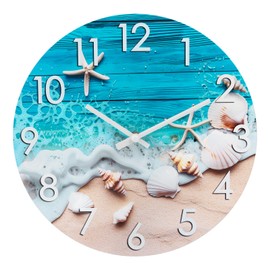 Alarllok 12 Inch Indoor Outdoor Waterproof Wall Clock for Patio Pool Bathroom Living Room Decor,Beach Nautical Seashell Glass Clock,Blue