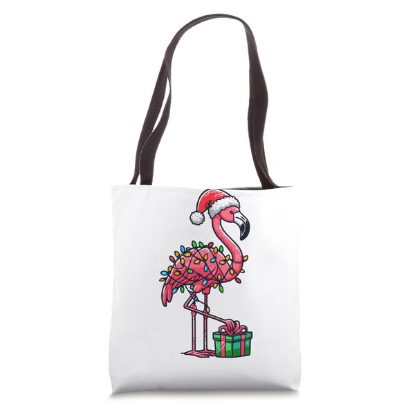 Flamingo Wearing Santa Hat, Holding A Present Box Xmas Tote