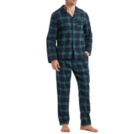 LNFINTDO Mens Flannel Pyjamas Set Cotton Checked Lounge Wear with Pocket Long Sleeve Top and Bottoms 2 Piece Soft Nightwear Winter Warm Pjs Green