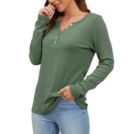 WNEEDU Women's Long Sleeve Tops V Neck Henley Shirts Button Up Pullover Lightweight Blouse