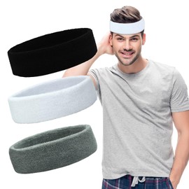 Pejnl Sweatbands Sports Headbands for Men & Women - 3 Pack Moisture Wicking Terry Cloth Headband for Tennis, Basketball, Running, Gym - Sweat Band, Cotton