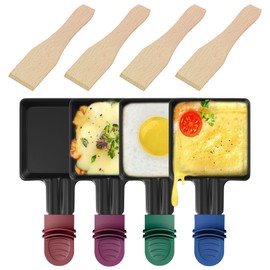 IPOW 4er-Set Quadratische Raclette-Pfännchen mit Farbcodierten Griffen + Holzspatel – Super Antihaft, 18,35x9,23 cm, Ideal für Käse/Eier/Fleisch