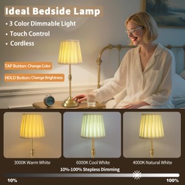 lumsic Cordless Table Lamp, Touch Bedside Lamps Rechargeable, 3 Way Dimmable Small Lamp for Nightstands, 5200mAh Battery Powered Desk Lamps with Fabric Shade for Living Room, Bedroom, Nursery -Gold