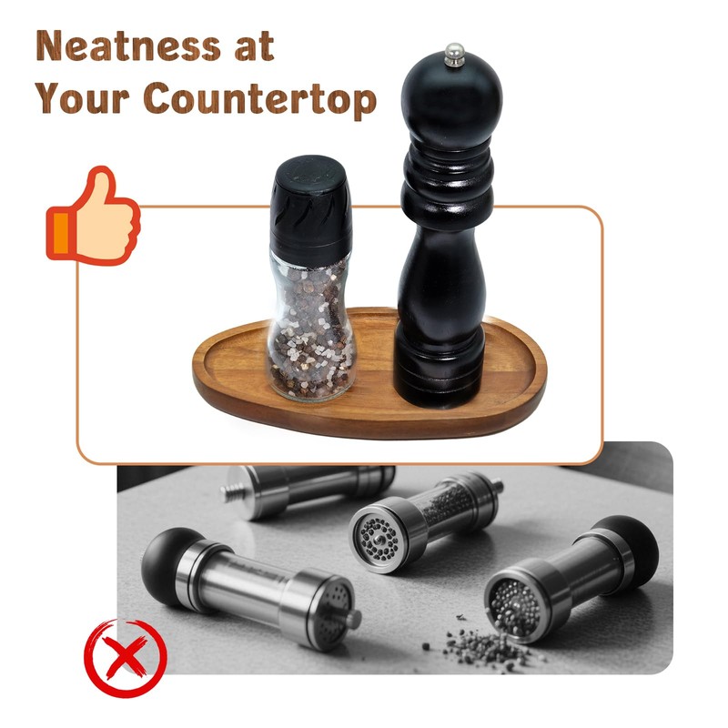 Caylielam Salt and Pepper Mill Holder Wood Tray, Kitchen Pepper