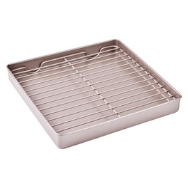 Bakeley Roasting Pan with Rack, 11-Inch Non-Stick Square Shallow Dish Sheet Pan with Wire Rack for Oven Baking, BBQ and Roasting 11.2" x 11.2" x 1.3" (Champagne Gold)