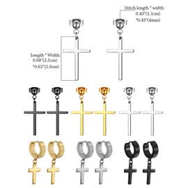 Cupimatch Cross Earrings Set Men Women Stud Earrings Cross Pendant Dangle Hoop Ear Piercing Tunnel Earrings Small Hoop Earring Black Silver Gold, Stainless Steel