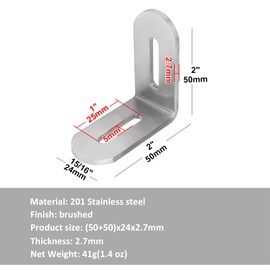TSSS Pack of 16 50 x 50 mm Adjustable L-shaped Corner Braces with Slot, Stainless Steel 201, Angle Slot Brackets for PC Cases, Fixing Furniture, Max. Load 15 kg