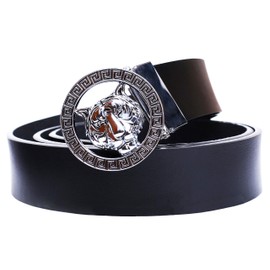 Old John Leather Men's Luxury Gold/Silver Tiger Buckle 35-mm Italian Leather Belt (120cm/47.3inch(42-44), Black Silver)