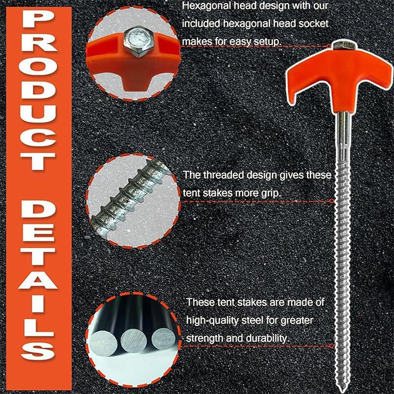 8Pack Tent Stakes-8” Drill in Heavy Duty Ground Pegs Screw