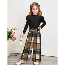 MIGU Girls Clothes Size 7-8 Kids Clothes Fashion Black Long-sleeved Tops White and Brown Plaid Loose Straight Leg Pants Plaid Hat Girls Outfits Fall 3pcs