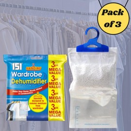 FERRIS | 3pk Hanging Dehumidifier for Wardrobes - Stops Damp, Mould, Mildew & Condensation | Moisture Absorber for Wardrobes & Closets Ideal for Preventing Humidity in Enclosed Spaces - 180g Each