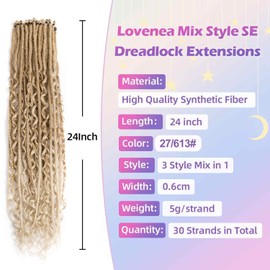 Lovenea 24 Inch 3 In 1 Synthetic Hair Dreadlock Extensions 30 Strands SE Dreads Extensions 100% Handmade Soft Single Ended Straight Curly Boho Wavy Dreads(27/613#, 30S)