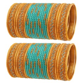 Touchstone NEW Indian Bollywood Glamorous Fashion Wrist Enhancing Shimmering Golden Glitters Textured Arctic Blue Color Designer Jewelry Bracelets Bangle Chura. Set Of 48 In Gold Tone For Women.