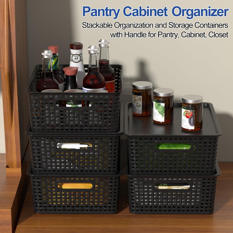 6-Pack Plastic Storage Baskets with Lid, Organizer Bins, Black