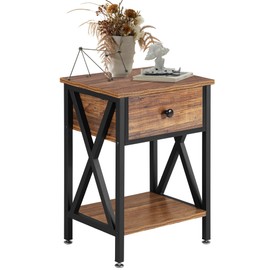 VECELO Nightstand,Modern Bedside End Table, Night Stand with Drawer and Storage Shelf for Living Room Bedroom, Industrial Metal Frame