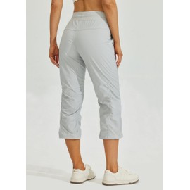 Willit Women's Quick-Dry Capris Hiking Travel Pants Striped Woven Workout Pants with Pockets Lightweight Light Gray L