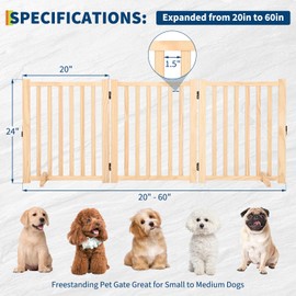 Paint-Free Wooden Freestanding Dog Gates, Wooden Indoor Dog Fence,Collapsible Wood Pet Gates for The House,Doorways, Stairs,Step Over Fence -3 Panel H:24”