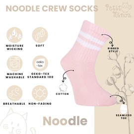 Petit Minou Noodle Seamless-Toe Turkish Cotton Crew Socks - Cool Comfort 5-Pack Kids Socks (US, Age, 10 Years, 12 Years, Pastella)