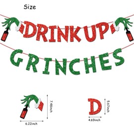 Drink Up Grinches Banner, Merry Grinchmas Banner Glittery Christmas Decorations Banners Party Home Decoration Banner Party Decorations for Home Wall Mantle Fireplace Party Supplies
