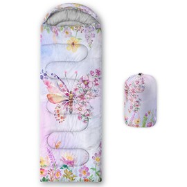 QOOMO Floral Butterfly Printed Camping Sleeping Bags,3 Season Warm & Cool Weather,Lightweight,Waterproof Sleeping Bags for Adults & Kids,Traveling,and Outdoors,Camping Gear Equipment,31x90inch