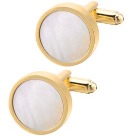 Jonwo One Pair Mother of Pearl Men's Cufflinks in Gift Box Round Cuff Links for Business Wedding Anniversary Dress (Golden Cufflinks)