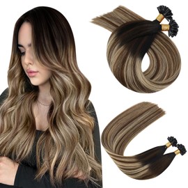 Ugeat Real Hair Extensions, 1 g/Strand, U Tip Bonds, Keratin Glue, Fusion Hair Extensions, 100% Remy, Brazilian Hair, Black to Brown and Blonde, #1B/4/27 (45 cm, 50 Strands/Pack)