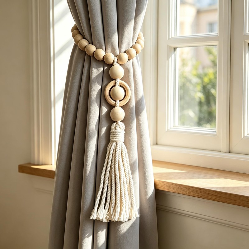 YISARSH Wood Bead Magnetic Curtain Tiebacks, No Drill Curtain Tie