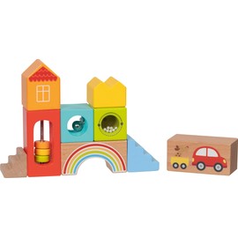 goki 58346 Explorer Building Blocks Made of Wood, Colourful Building Blocks with Different Forem and Colours, as well as with Balls and Beads, Motor Skills Toy for Children, 18 x 18 cm, Set of 14,