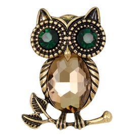 Gyn&Joy Golden Tone Emerald Green Colored Crystal stone Owl Bird Brooch Pin (Topaz)