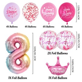 Palloncino decorativo per 8° compleanno, motivo: ballerina, rosa, con numero 8, con corona di farfalla, in lattice e coriandoli, per compleanno di bambine